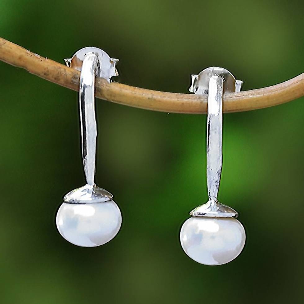 White Cultured Pearl Drop Earrings from Bali 'Goddess Teardrops'
