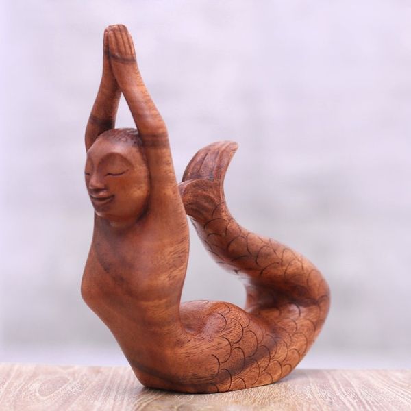 Alternate image for Suar Wood Sculpture of a Mermaid in a Yoga Pose from Bali To the Sky Mermaid