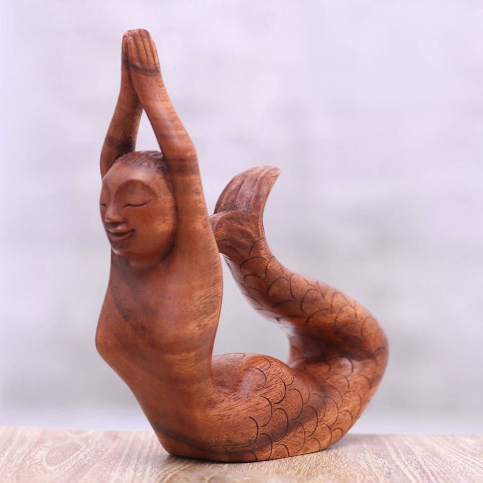 Suar Wood Sculpture of a Mermaid in a Yoga Pose from Bali 'To the Sky Mermaid'