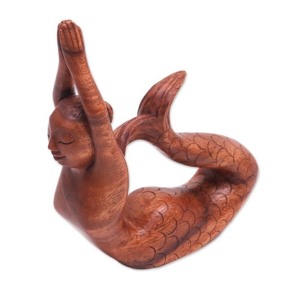 Alternate image for Suar Wood Sculpture of a Mermaid in a Yoga Pose from Bali To the Sky Mermaid