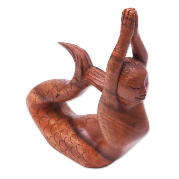 Alternate image for Suar Wood Sculpture of a Mermaid in a Yoga Pose from Bali To the Sky Mermaid