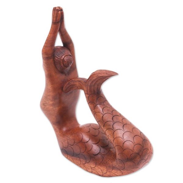 Alternate image for Suar Wood Sculpture of a Mermaid in a Yoga Pose from Bali To the Sky Mermaid