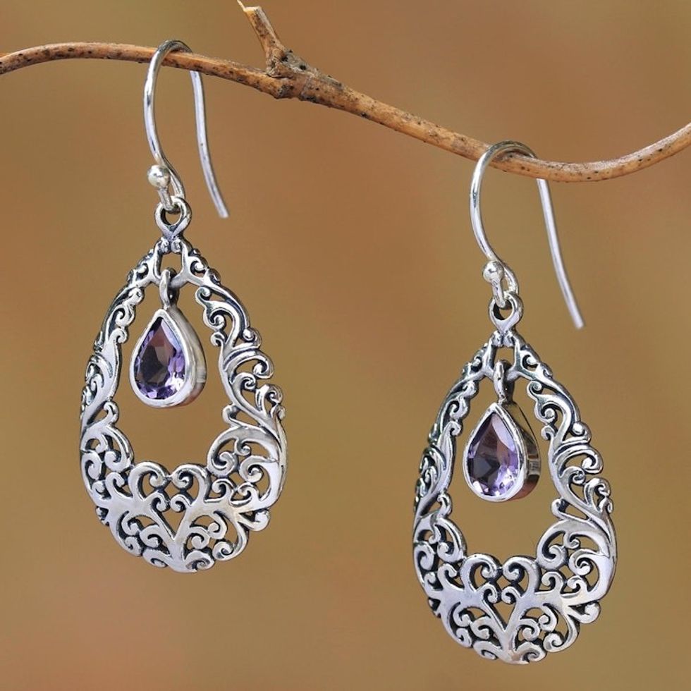 Amethyst Drop Dangle Earrings from Bali 'Curling Drops'