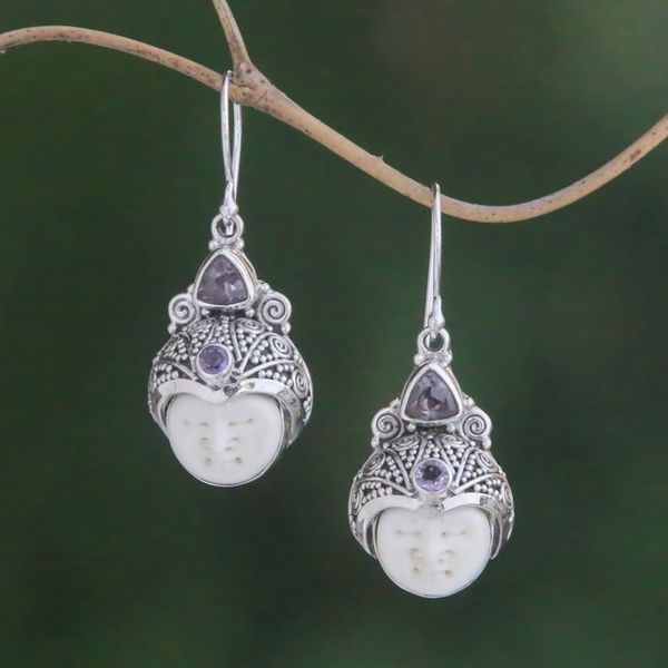 Alternate image for Amethyst and Carved Bone Dangle Earrings from Bali Celuk Pangeran