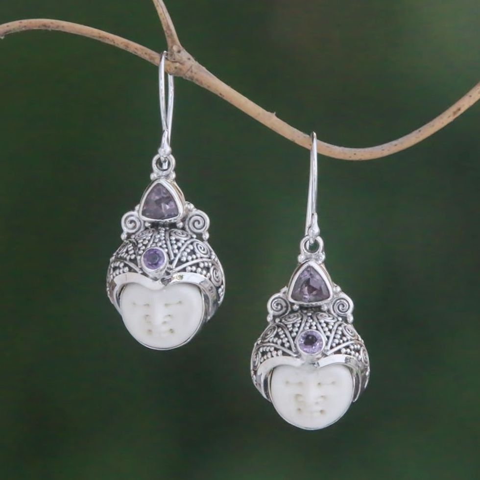 Amethyst and Carved Bone Dangle Earrings from Bali 'Celuk Pangeran'