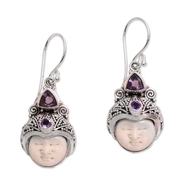 Alternate image for Amethyst and Carved Bone Dangle Earrings from Bali Celuk Pangeran