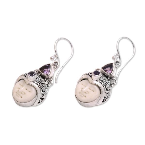Alternate image for Amethyst and Carved Bone Dangle Earrings from Bali Celuk Pangeran