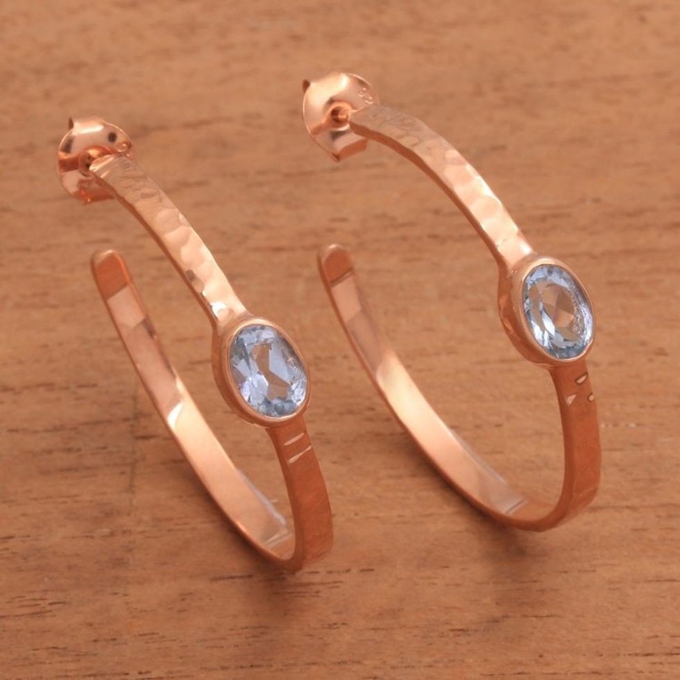 Rose Gold Plated Blue Topaz Hammered Half Hoop Earrings 'Paradox'