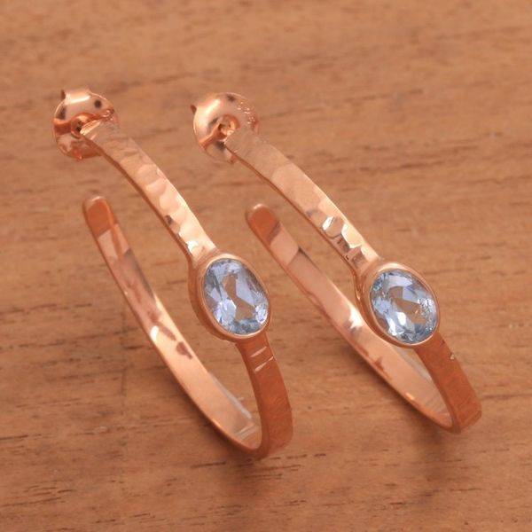 Alternate image for Rose Gold Plated Blue Topaz Hammered Half Hoop Earrings Paradox