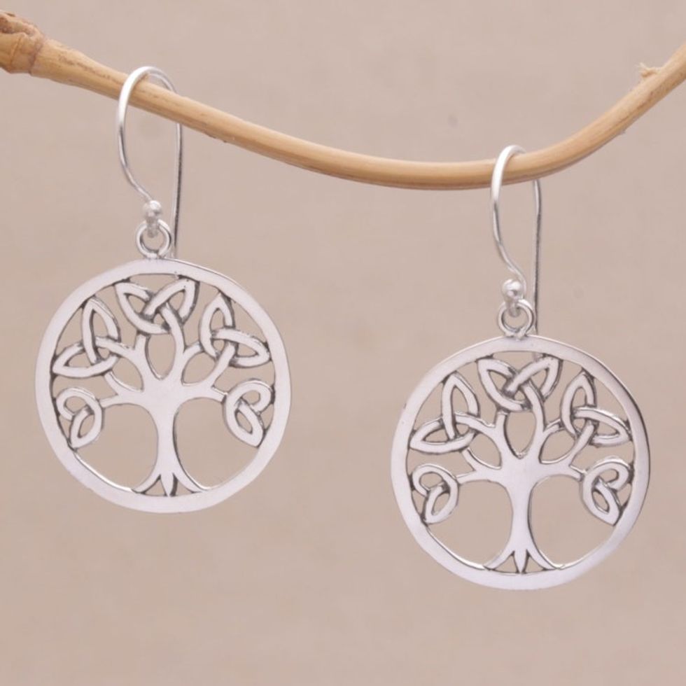 Celtic Knot Tree Sterling Silver Dangle Earrings from Bali 'Knotting Tree'