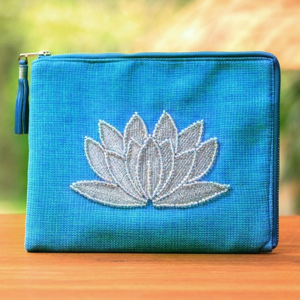 Floral Embellished Jute Coin Purse in Sky Blue from Java 'God's Grace in Sky Blue'