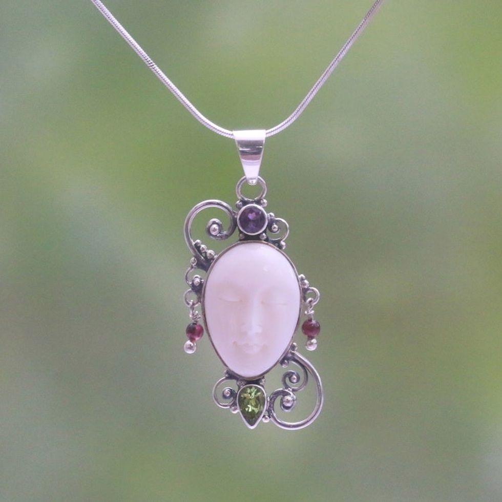 Peridot Amethyst and Bone Pendant Necklace from Bali 'Beautiful Guardian'
