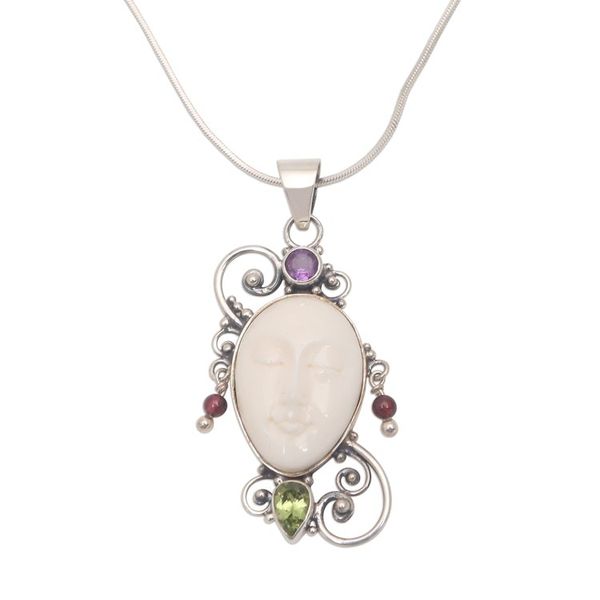 Alternate image for Peridot Amethyst and Bone Pendant Necklace from Bali Beautiful Guardian