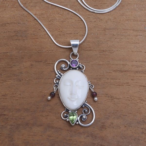 Alternate image for Peridot Amethyst and Bone Pendant Necklace from Bali Beautiful Guardian