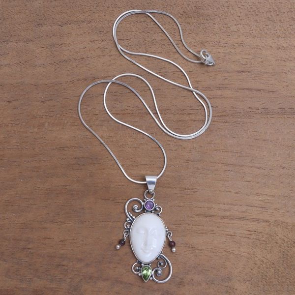 Alternate image for Peridot Amethyst and Bone Pendant Necklace from Bali Beautiful Guardian