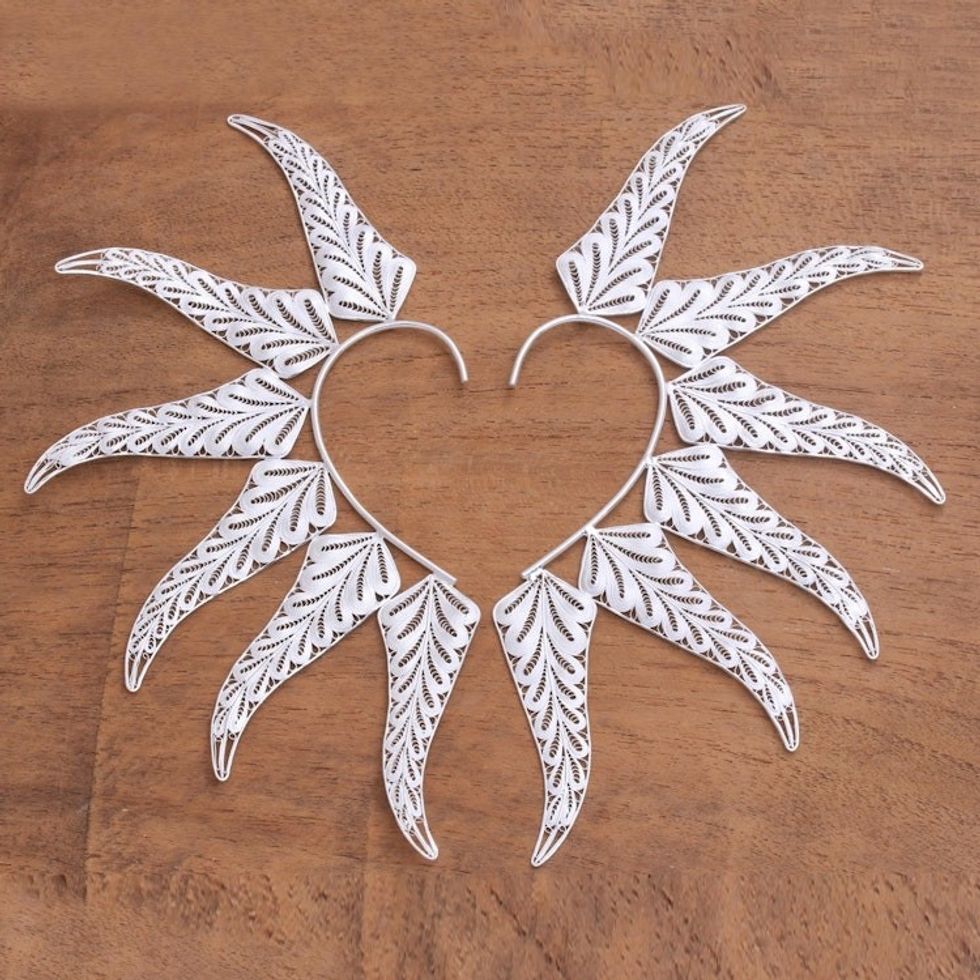Handcrafted Sterling Silver Filigree Leaf Ear Cuffs 'Fern Leaf'