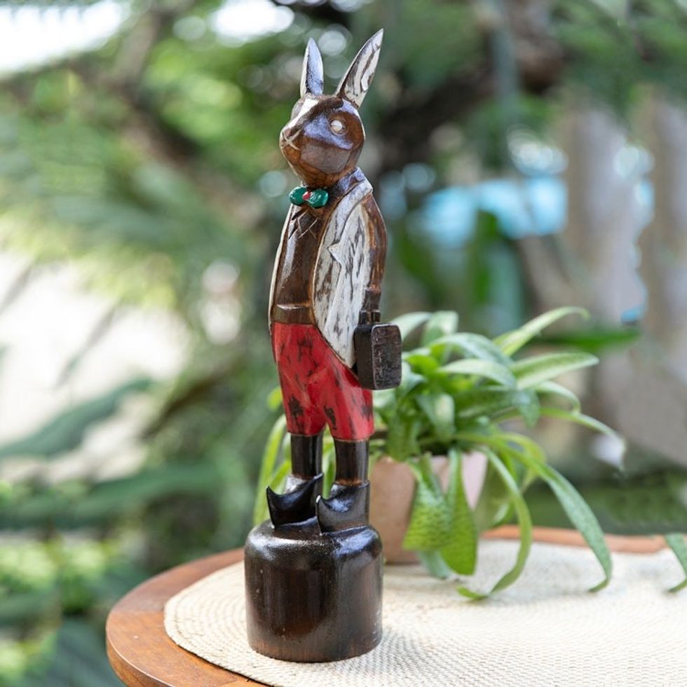 Hand Carved Albesia Wood Rabbit Statuette from Bali 'Sir Kelinci'