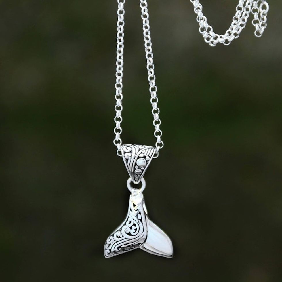Whale Flipper Sterling Silver Pendant Necklace from Bali 'Bali Whale'