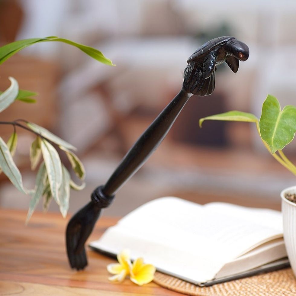 Black Turtle Themed Wood Back Scratcher Hand Carved in Bali 'Turtle Relief in Black'