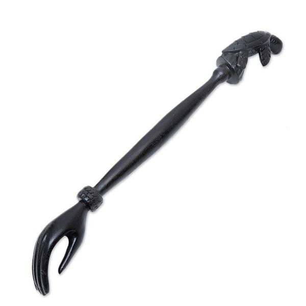 Alternate image for Black Turtle Themed Wood Back Scratcher Hand Carved in Bali Turtle Relief in Black