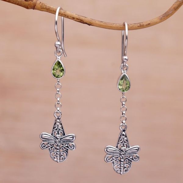 Alternate image for Handmade 925 Sterling Silver Peridot Dragonfly Earrings Dragonfly Altar