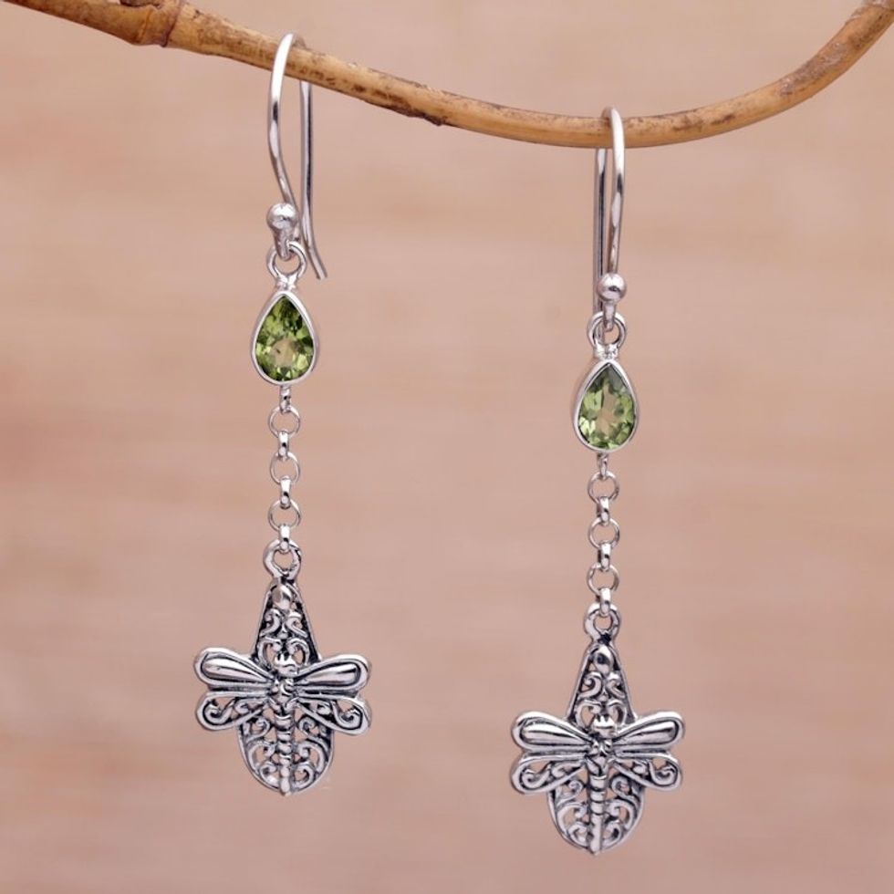Handmade 925 Sterling Silver Peridot Dragonfly Earrings 'Dragonfly Altar'