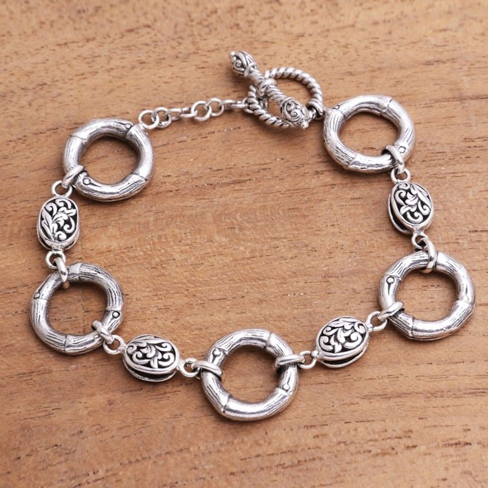 Bamboo Motif Sterling Silver Link Bracelet from Java 'Circular Bamboo'