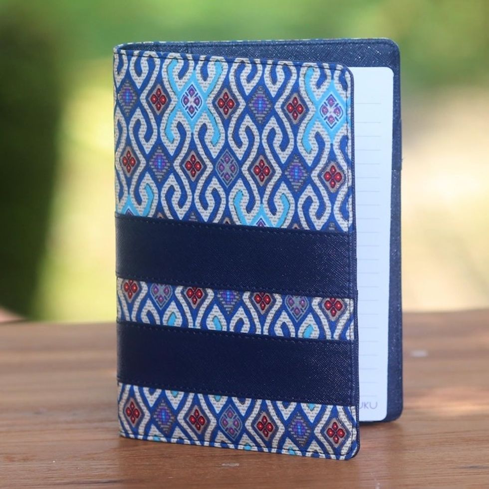 Blue Faux Leather with Cotton Print Fifty-Page Planner 'Jakarta Peacock'