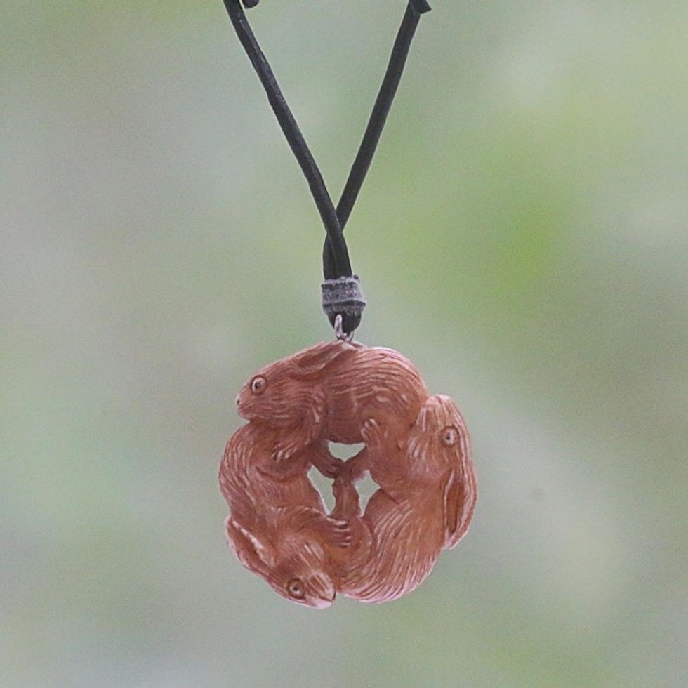 Hand-Carved Bone Rabbit Pendant Necklace from Bali 'Bunny Family'