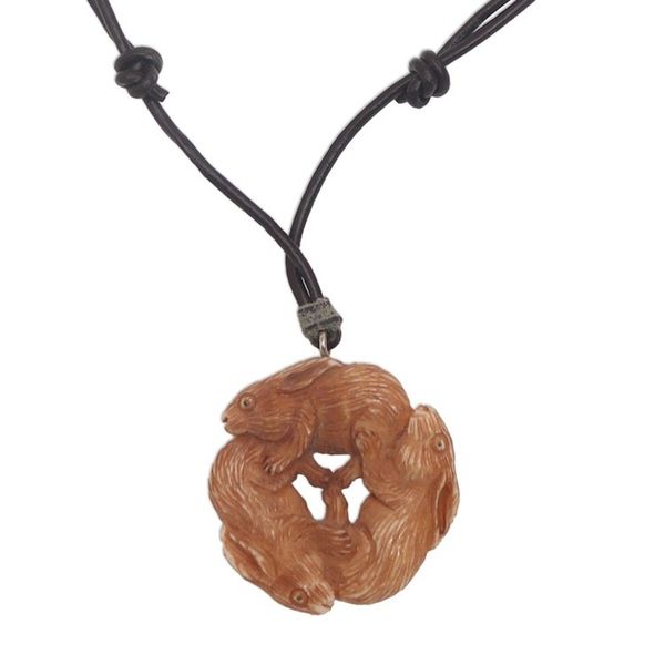 Alternate image for Hand-Carved Bone Rabbit Pendant Necklace from Bali Bunny Family