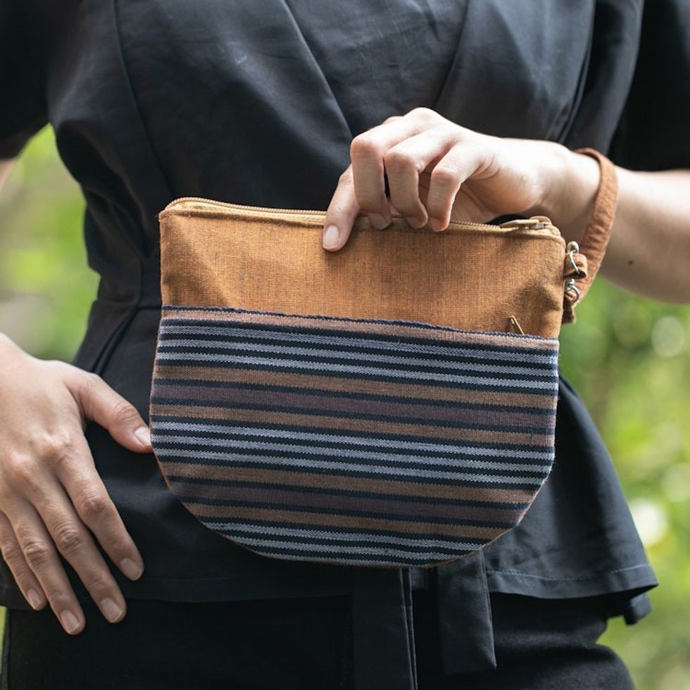 100 Cotton Striped Brown Clutch Exterior Pocket Wristlet 'Lurik Sphere Brown'