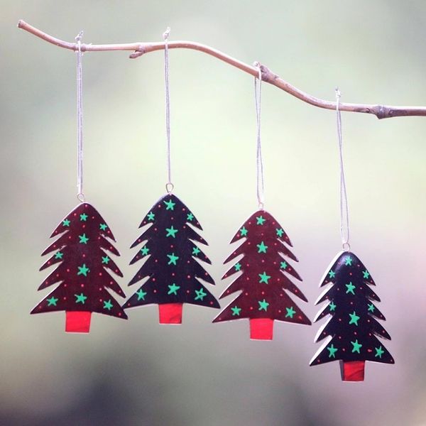 Alternate image for Mahogany Wood Hand Painted Tree Ornaments Set of 4 Starlit Tree