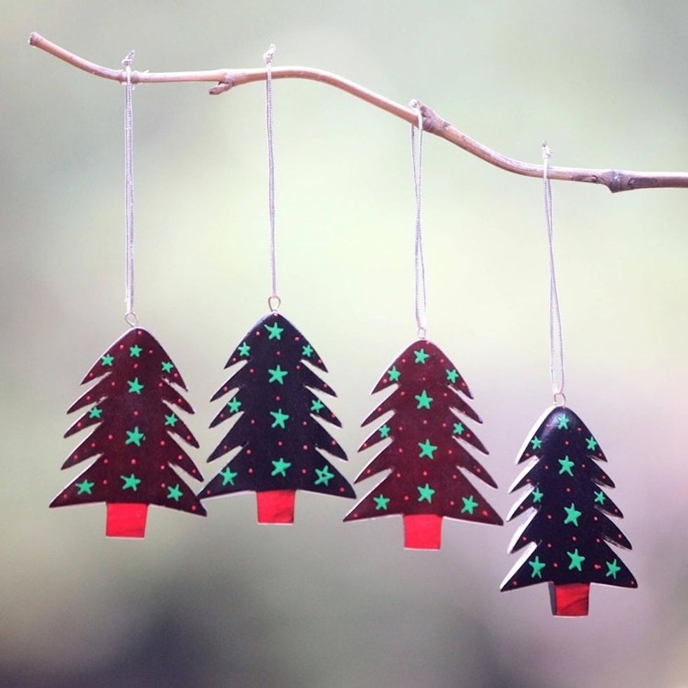 Mahogany Wood Hand Painted Tree Ornaments Set of 4 'Starlit Tree'