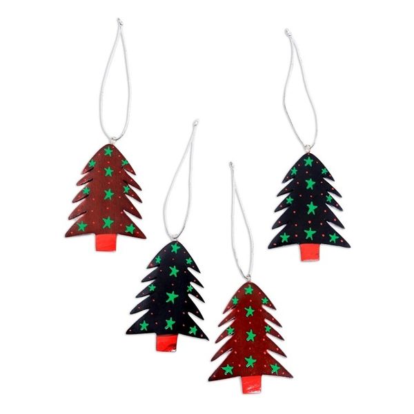 Alternate image for Mahogany Wood Hand Painted Tree Ornaments Set of 4 Starlit Tree