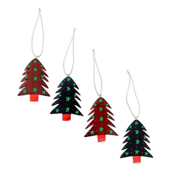 Alternate image for Mahogany Wood Hand Painted Tree Ornaments Set of 4 Starlit Tree