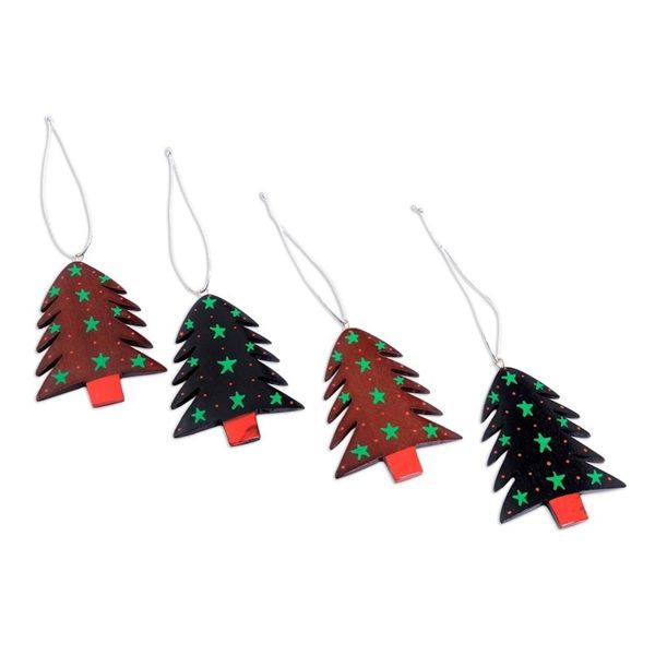 Alternate image for Mahogany Wood Hand Painted Tree Ornaments Set of 4 Starlit Tree