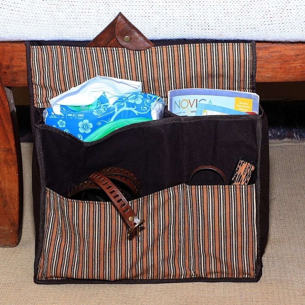Handwoven Chocolate Striped Cotton Bedside Organizer Bag 'Lurik Dreams Chocolate'