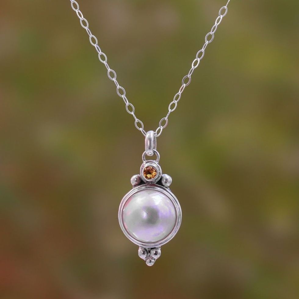 Cultured Pearl and Citrine Pendant Necklace from Bali 'Magnificent Love'