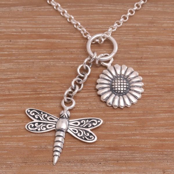 Alternate image for Floral Dragonfly Sterling Silver Necklace Crafted in Bali Dragonfly Flower