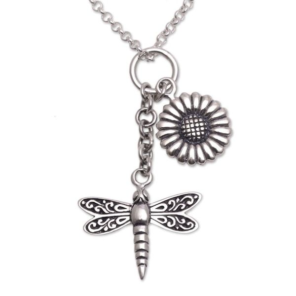 Alternate image for Floral Dragonfly Sterling Silver Necklace Crafted in Bali Dragonfly Flower