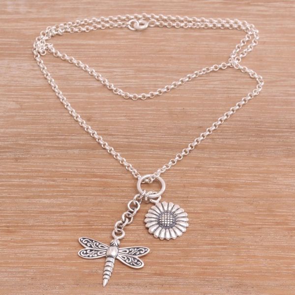 Alternate image for Floral Dragonfly Sterling Silver Necklace Crafted in Bali Dragonfly Flower