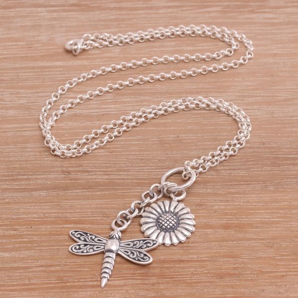 Alternate image for Floral Dragonfly Sterling Silver Necklace Crafted in Bali Dragonfly Flower
