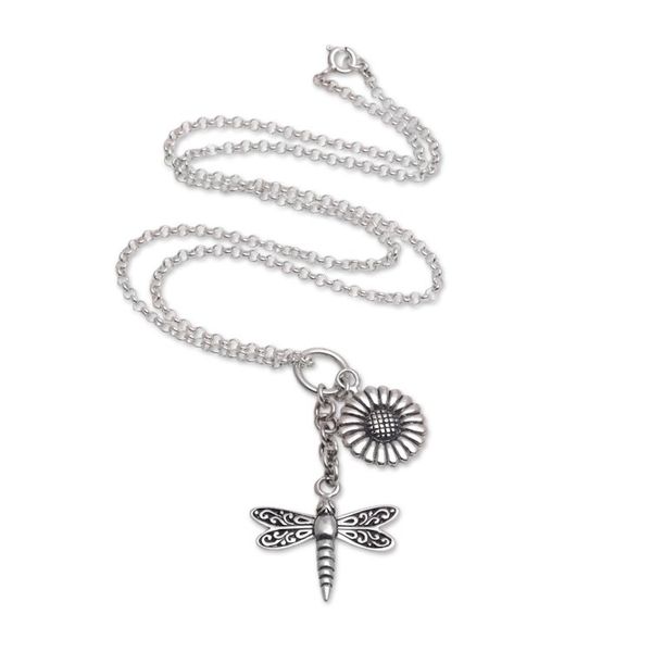 Alternate image for Floral Dragonfly Sterling Silver Necklace Crafted in Bali Dragonfly Flower