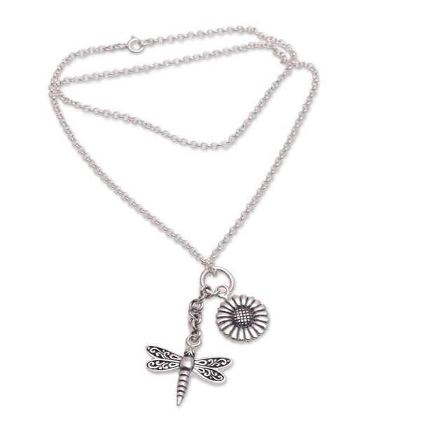 Alternate image for Floral Dragonfly Sterling Silver Necklace Crafted in Bali Dragonfly Flower