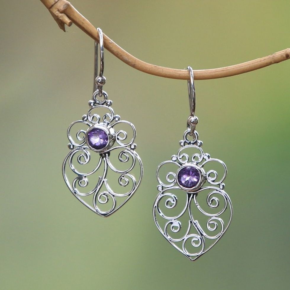 Amethyst Sterling Silver Scrollwork Heart Dangle Earrings 'Enchanted Heart'