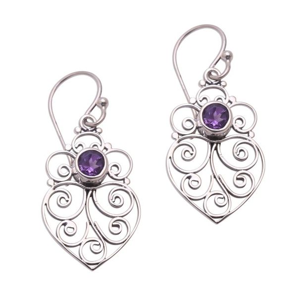 Alternate image for Amethyst Sterling Silver Scrollwork Heart Dangle Earrings Enchanted Heart
