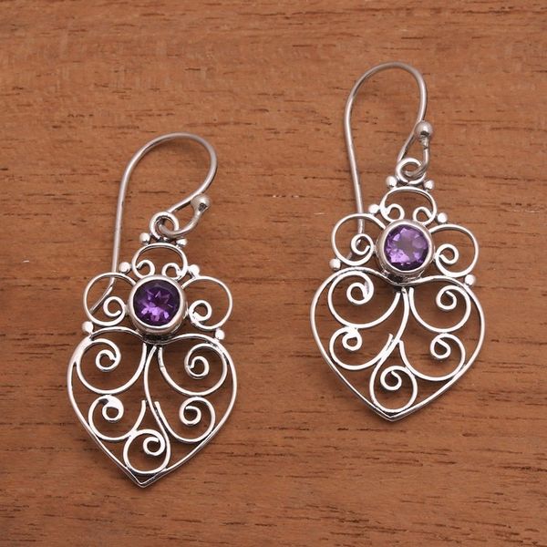 Alternate image for Amethyst Sterling Silver Scrollwork Heart Dangle Earrings Enchanted Heart
