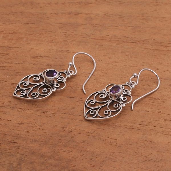Alternate image for Amethyst Sterling Silver Scrollwork Heart Dangle Earrings Enchanted Heart