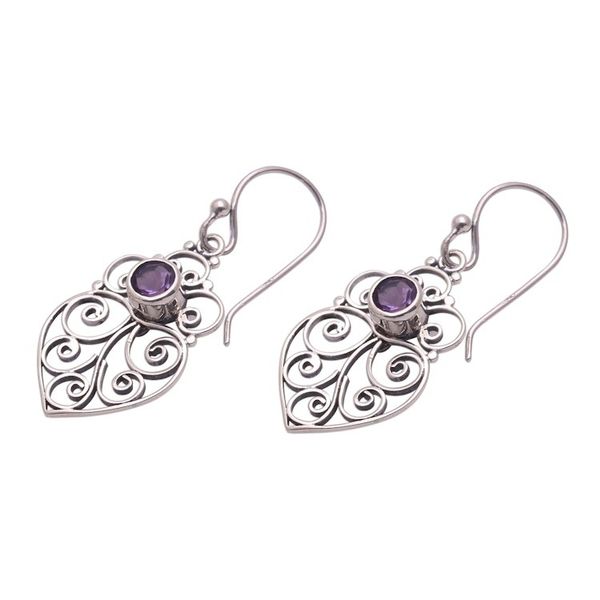 Alternate image for Amethyst Sterling Silver Scrollwork Heart Dangle Earrings Enchanted Heart