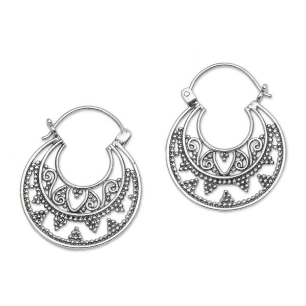 Alternate image for Sterling Silver Hoop Earrings Handcrafted in Bali Moonlight Descent